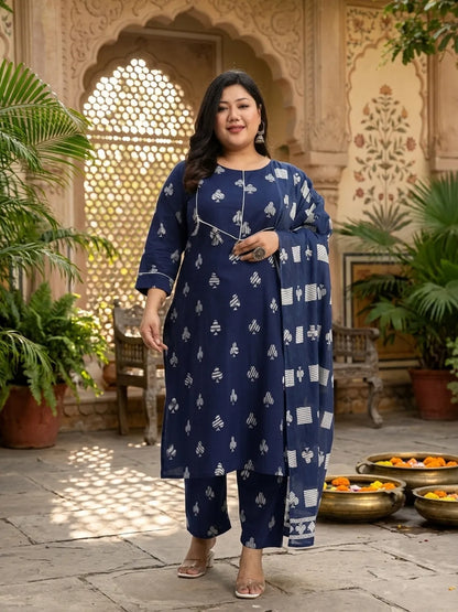 Cotton Tassel Work Straight Fit Plus Size Kurta Pant Dupatta Set