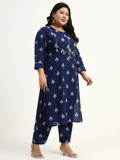 Cotton Tassel Work Straight Fit Plus Size Kurta Pant Dupatta Set