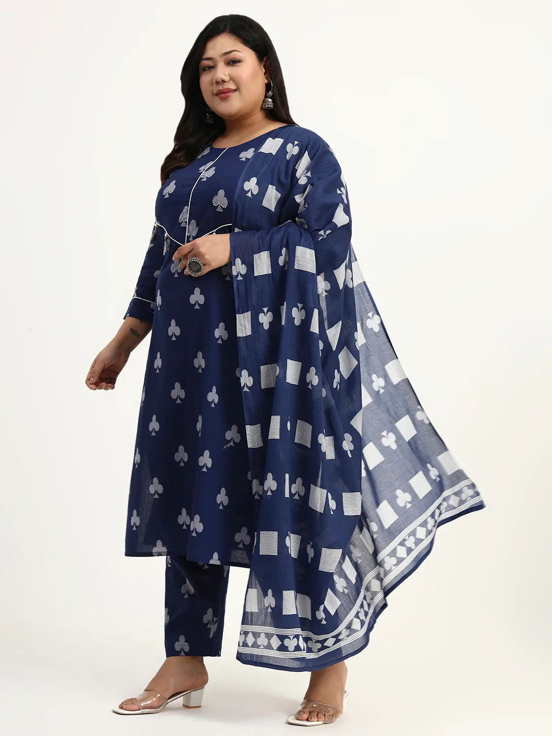 Cotton Tassel Work Straight Fit Plus Size Kurta Pant Dupatta Set