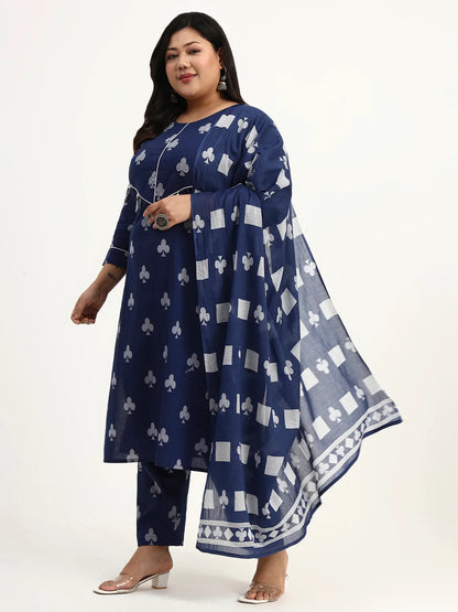 Cotton Tassel Work Straight Fit Plus Size Kurta Pant Dupatta Set