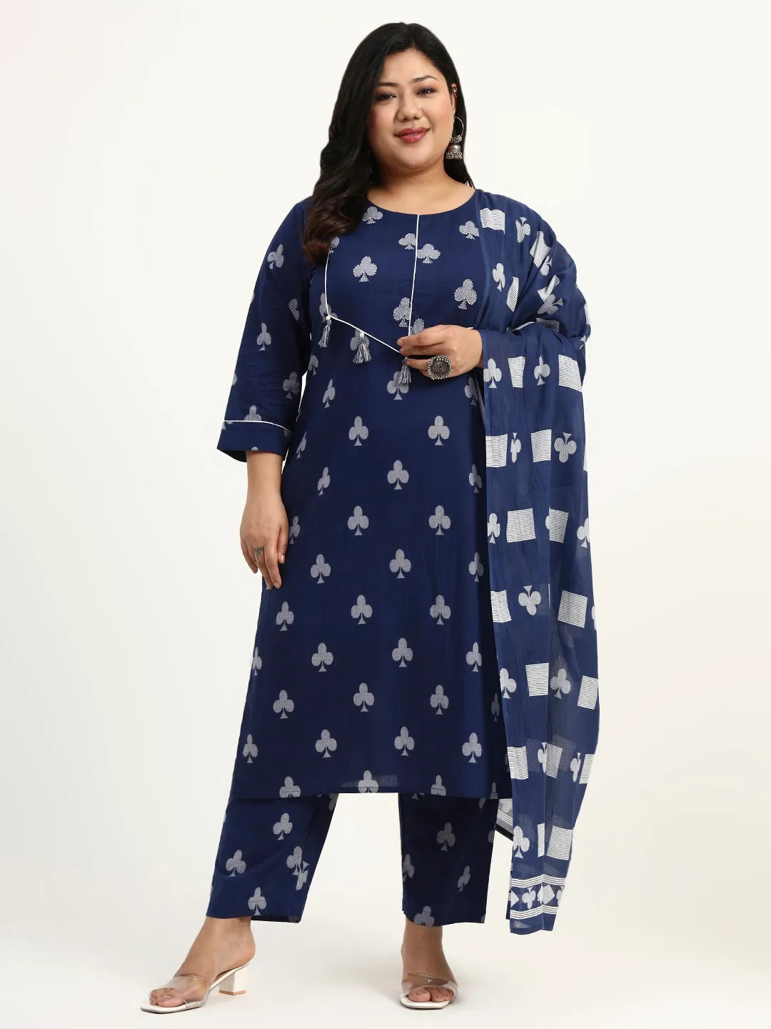 Cotton Tassel Work Straight Fit Plus Size Kurta Pant Dupatta Set
