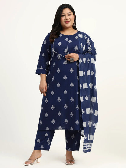 Cotton Tassel Work Straight Fit Plus Size Kurta Pant Dupatta Set