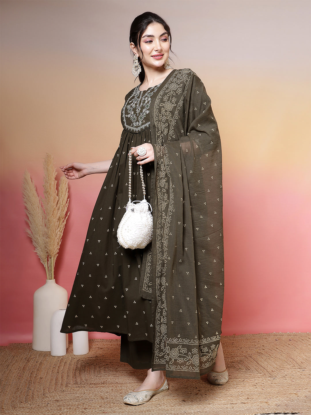 Cotton Calf Length Printed 3/4 Sleeves Round Neck Semi-Flared Kurta Suit Set