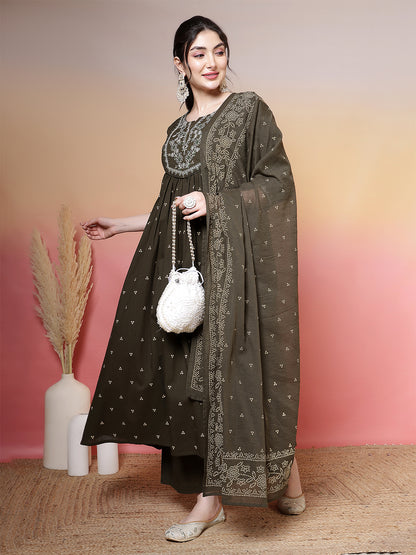 Cotton Calf Length Printed 3/4 Sleeves Round Neck Semi-Flared Kurta Suit Set