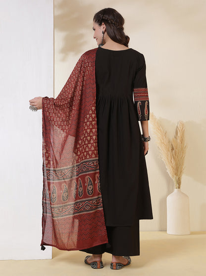 Rayon Calf Length Solid 3/4 Sleeves V-Neck Semi-Flared Kurta Suit Set With Dupatta (Preorder)