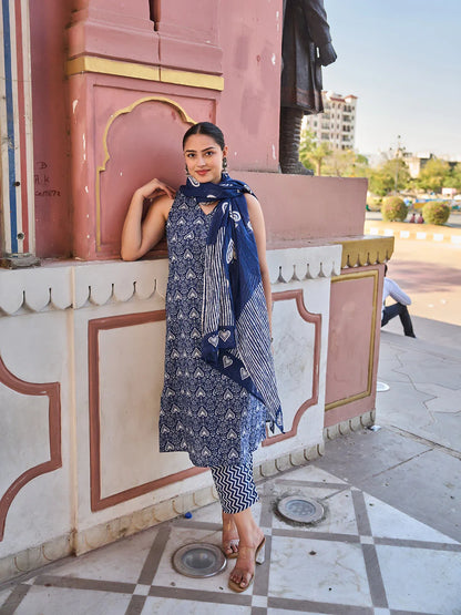 Ethnic Motifs A-Line One Pocket Kurta Trouser Dupatta Set