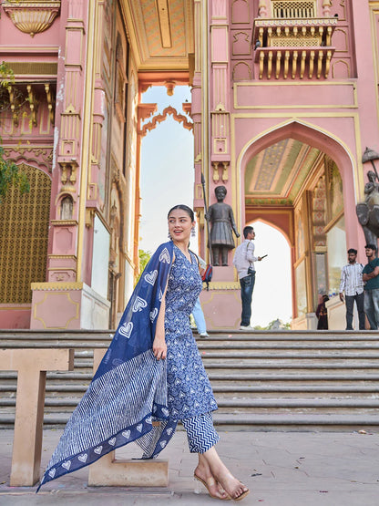 Ethnic Motifs A-Line One Pocket Kurta Trouser Dupatta Set