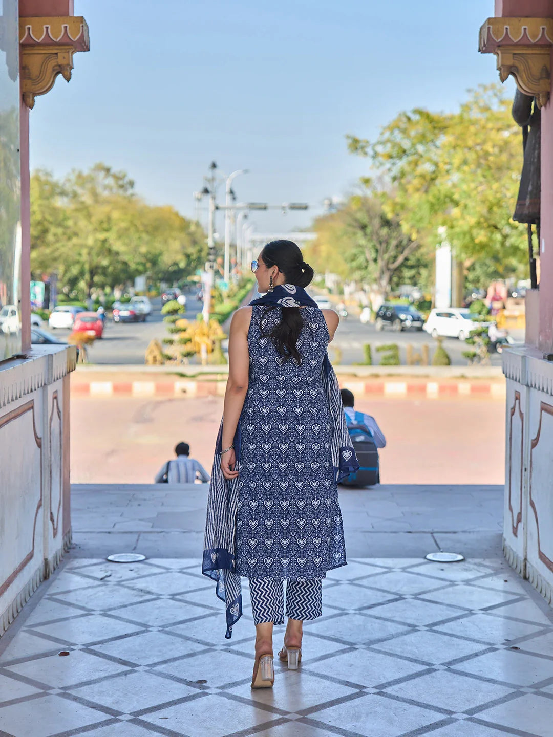Ethnic Motifs A-Line One Pocket Kurta Trouser Dupatta Set