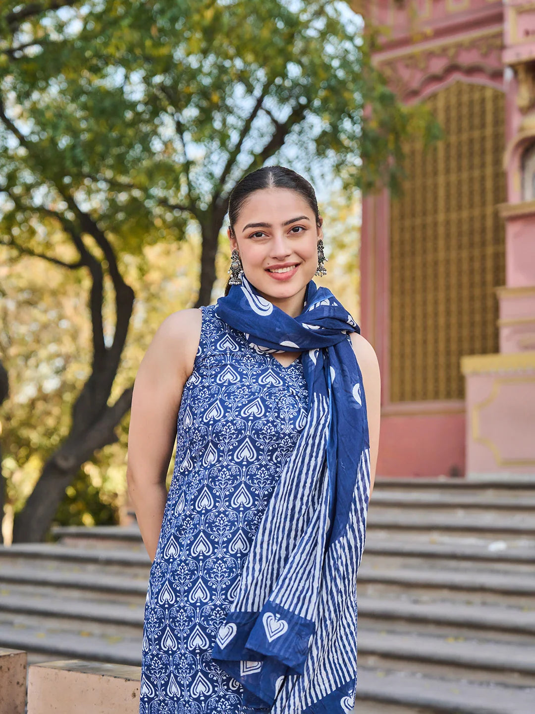 Ethnic Motifs A-Line One Pocket Kurta Trouser Dupatta Set