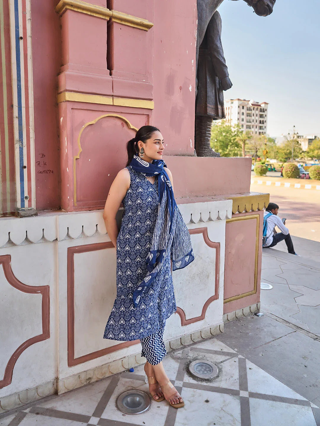 Ethnic Motifs A-Line One Pocket Kurta Trouser Dupatta Set