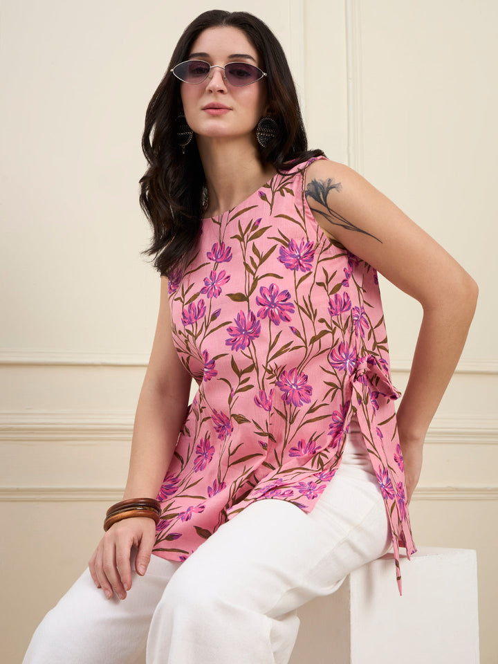 Cotton Boat Neck Straight High Slit Style Top