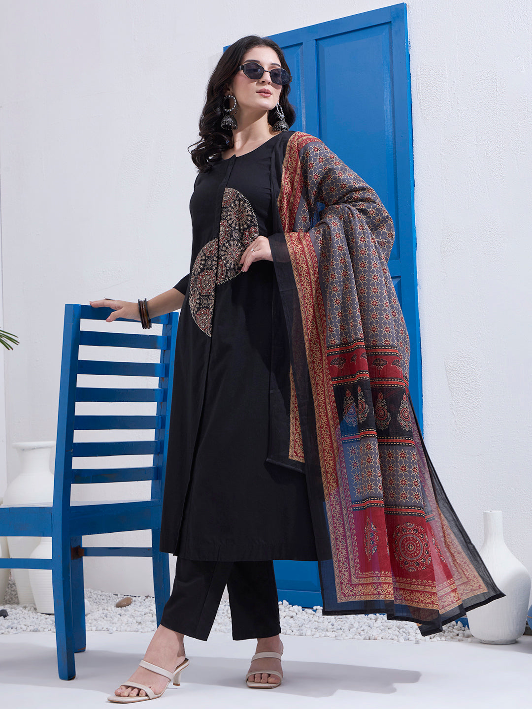 Cotton A Line Patch Work Kurta Pant Dupatta Set
