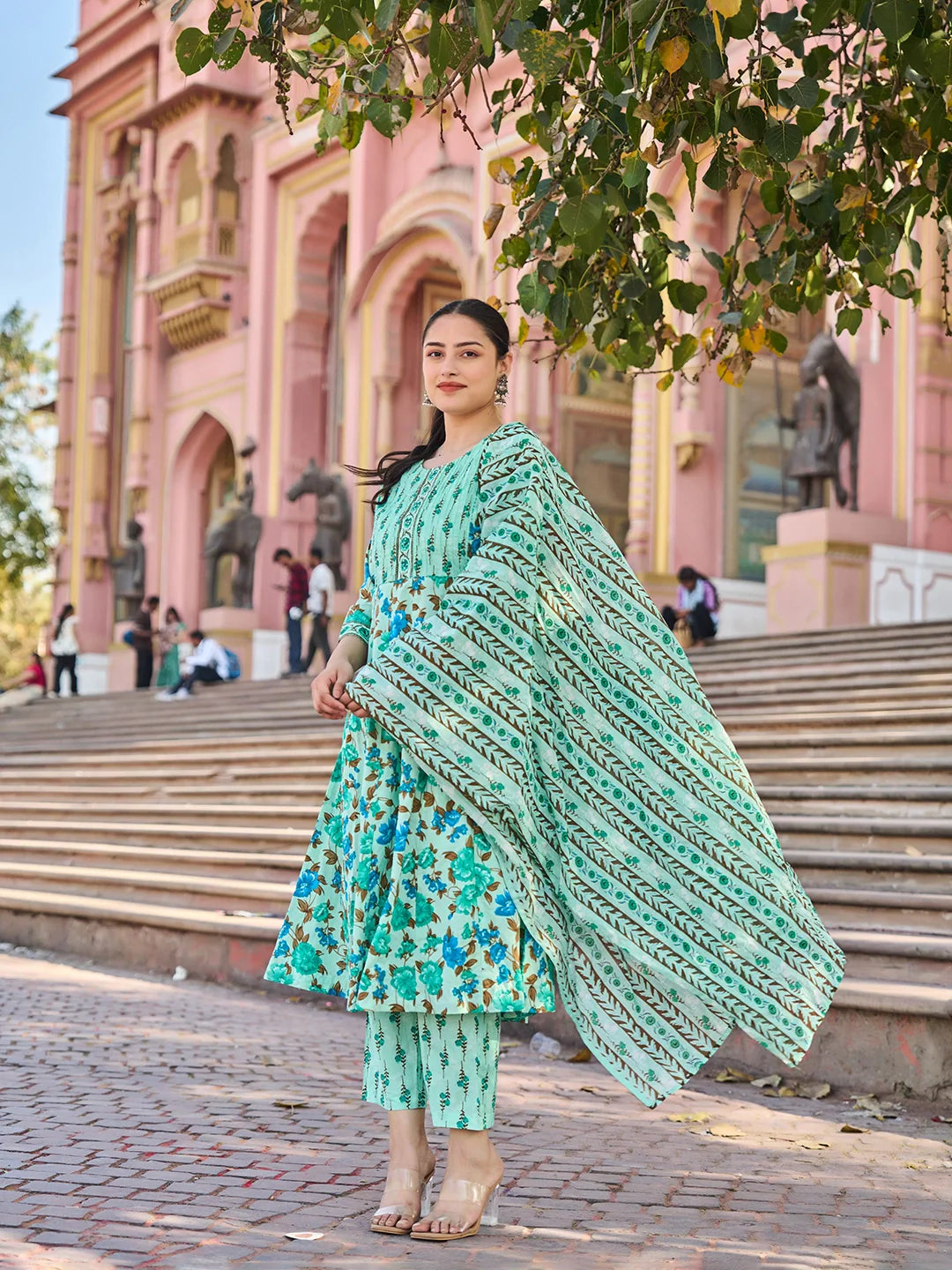 Anarkali Pintuck Detailing Kurta Trouser Dupatta Set