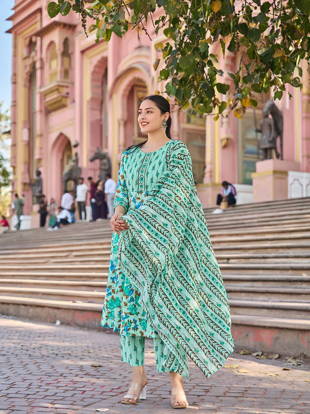 Anarkali Pintuck Detailing Kurta Trouser Dupatta Set