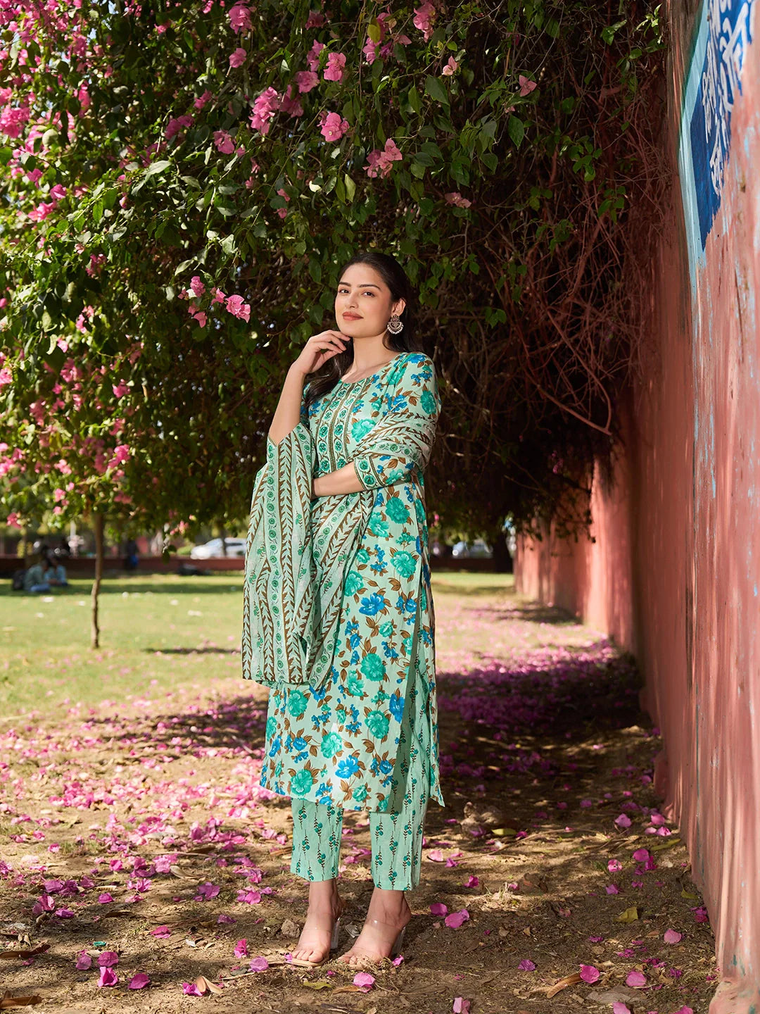 Floral Sequins Work Straight Kurta Trouser Dupatta Set