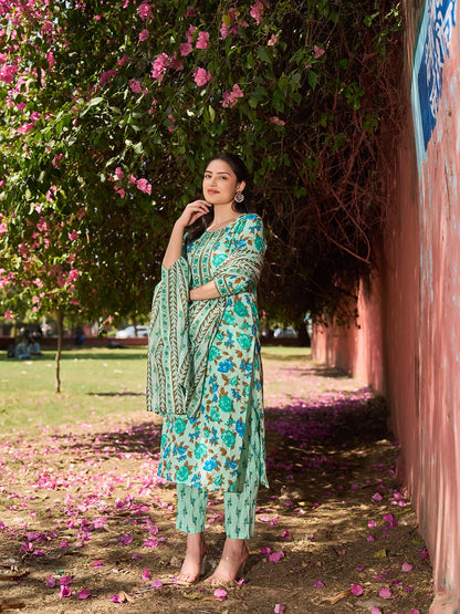 Floral Sequins Work Straight Kurta Trouser Dupatta Set