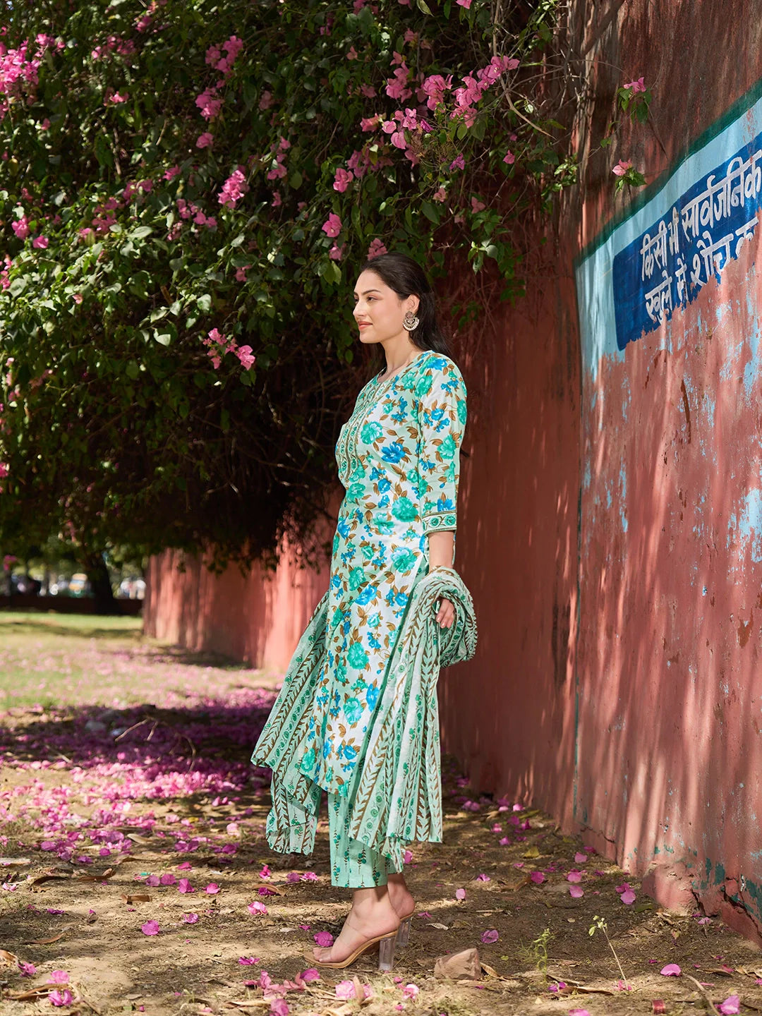 Floral Sequins Work Straight Kurta Trouser Dupatta Set