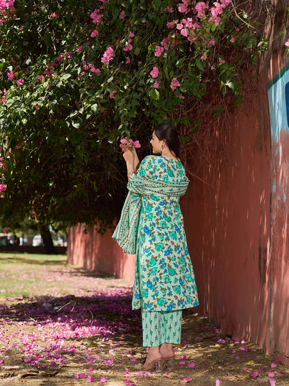 Floral Sequins Work Straight Kurta Trouser Dupatta Set
