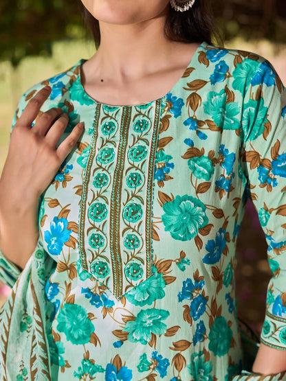 Floral Sequins Work Straight Kurta Trouser Dupatta Set