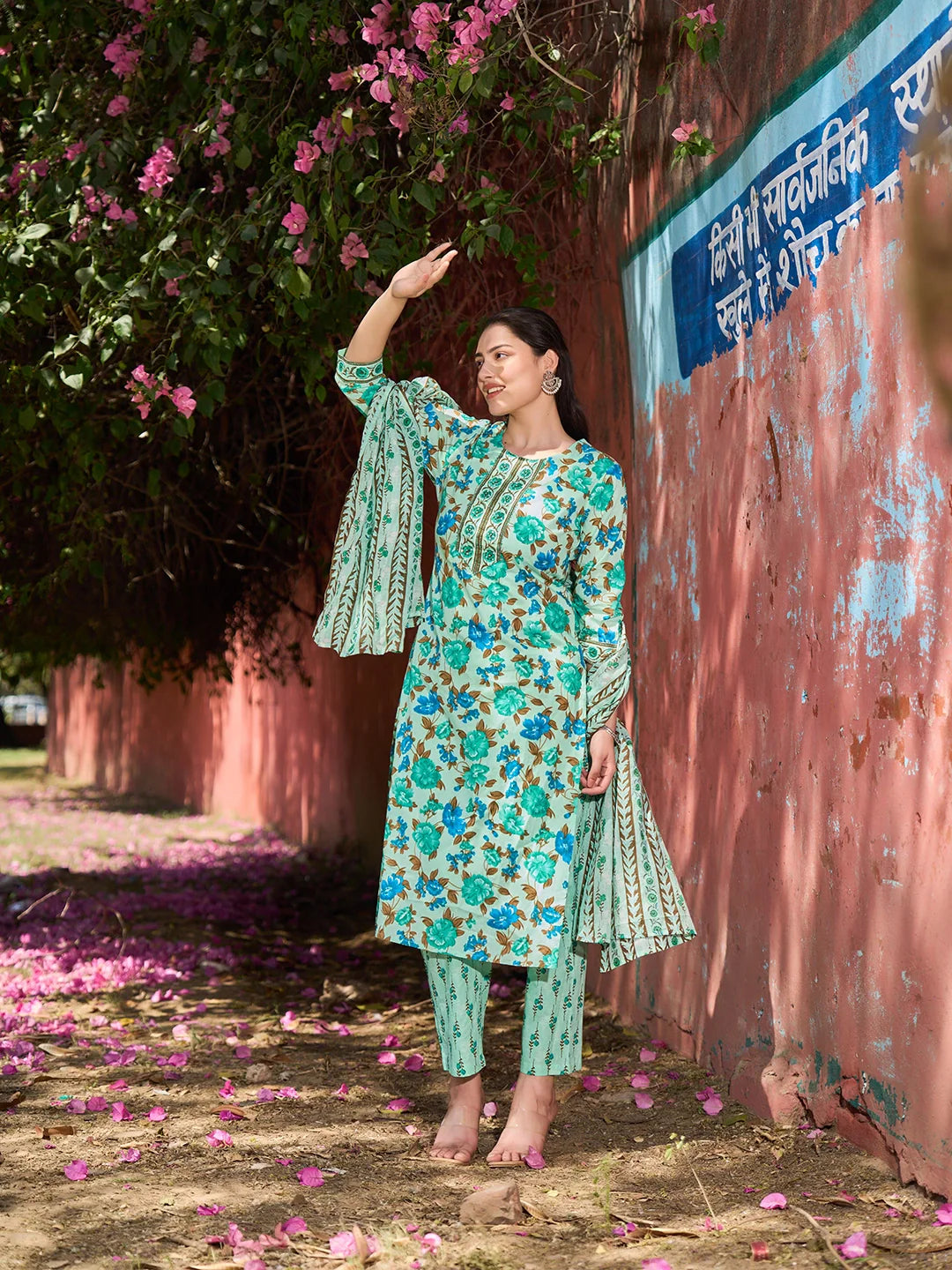 Floral Sequins Work Straight Kurta Trouser Dupatta Set