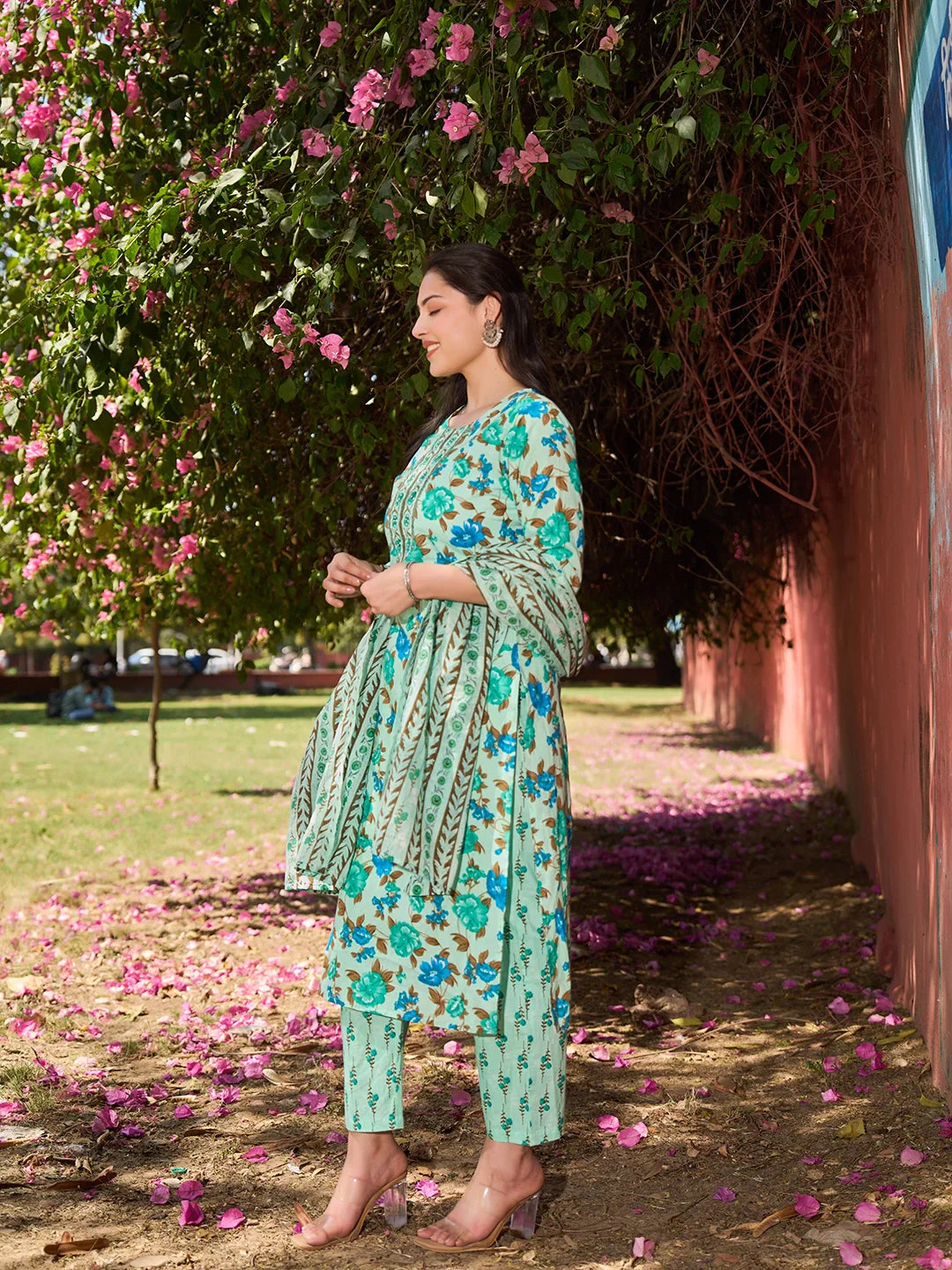 Floral Sequins Work Straight Kurta Trouser Dupatta Set