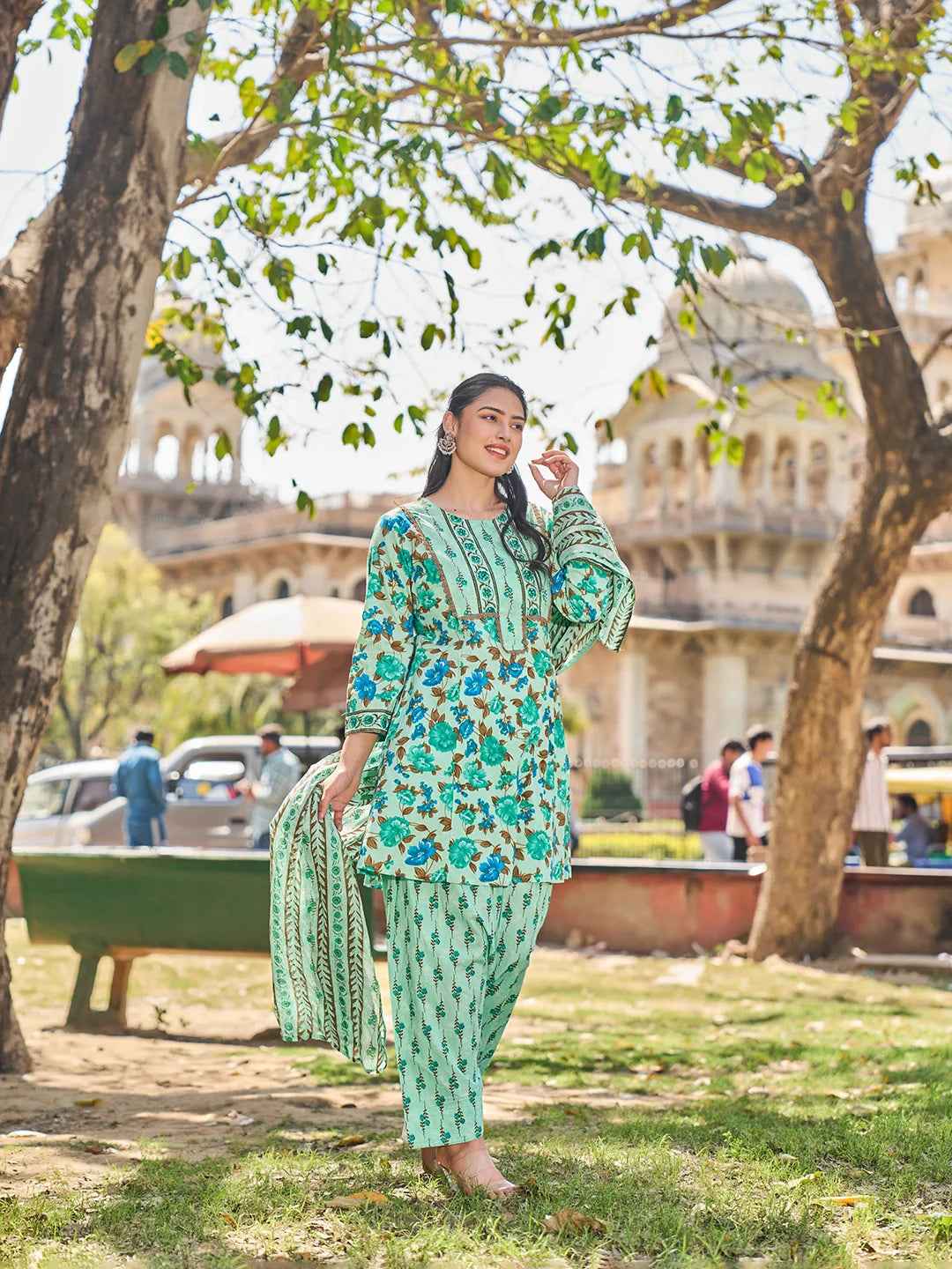 Floral Sequins Work A-Line Kurta Salwar Dupatta Set
