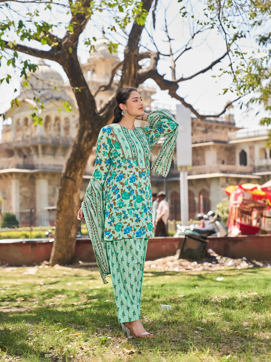 Floral Sequins Work A-Line Kurta Salwar Dupatta Set