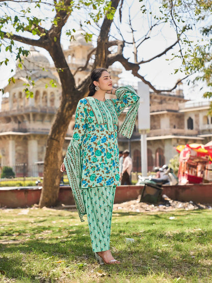 Floral Sequins Work A-Line Kurta Salwar Dupatta Set