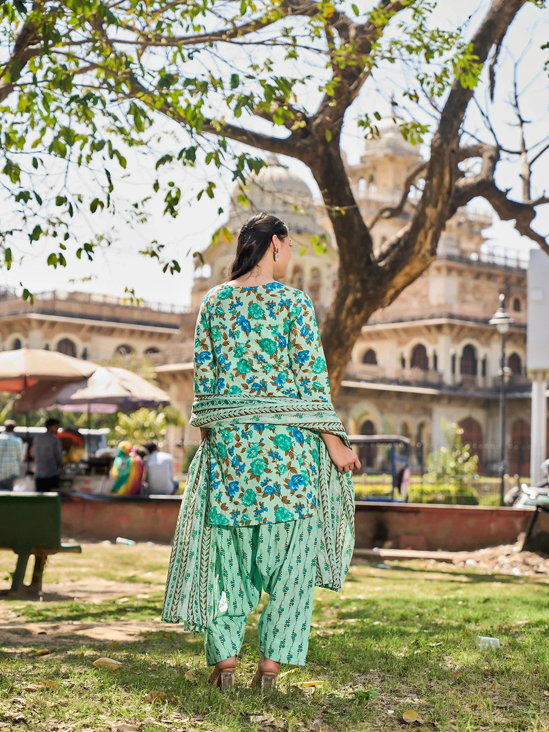 Floral Sequins Work A-Line Kurta Salwar Dupatta Set