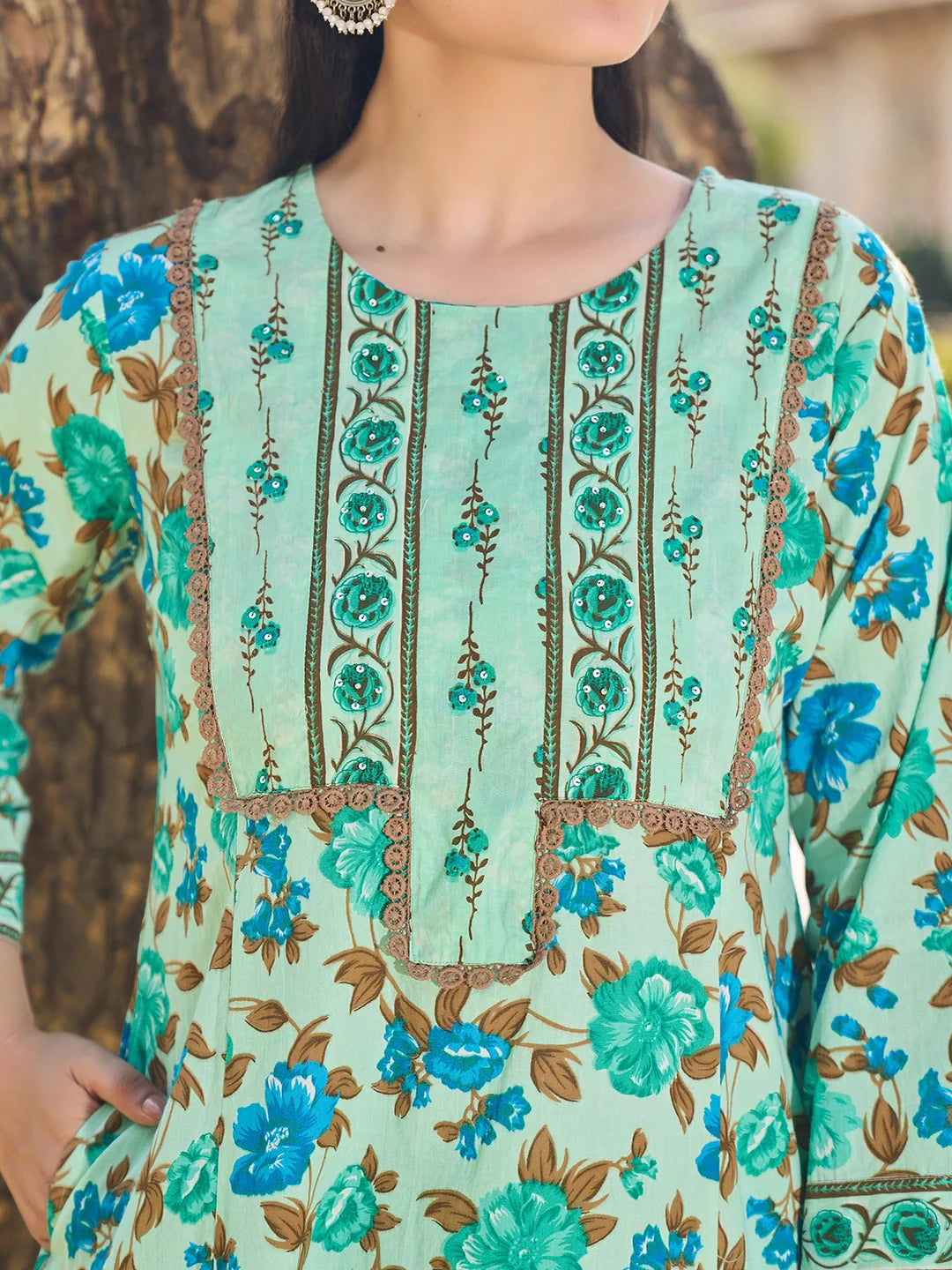 Floral Sequins Work A-Line Kurta Salwar Dupatta Set
