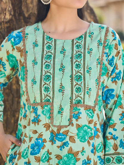 Floral Sequins Work A-Line Kurta Salwar Dupatta Set