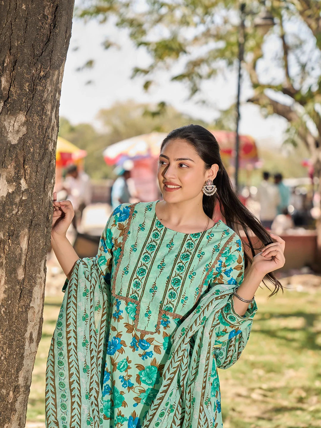 Floral Sequins Work A-Line Kurta Salwar Dupatta Set