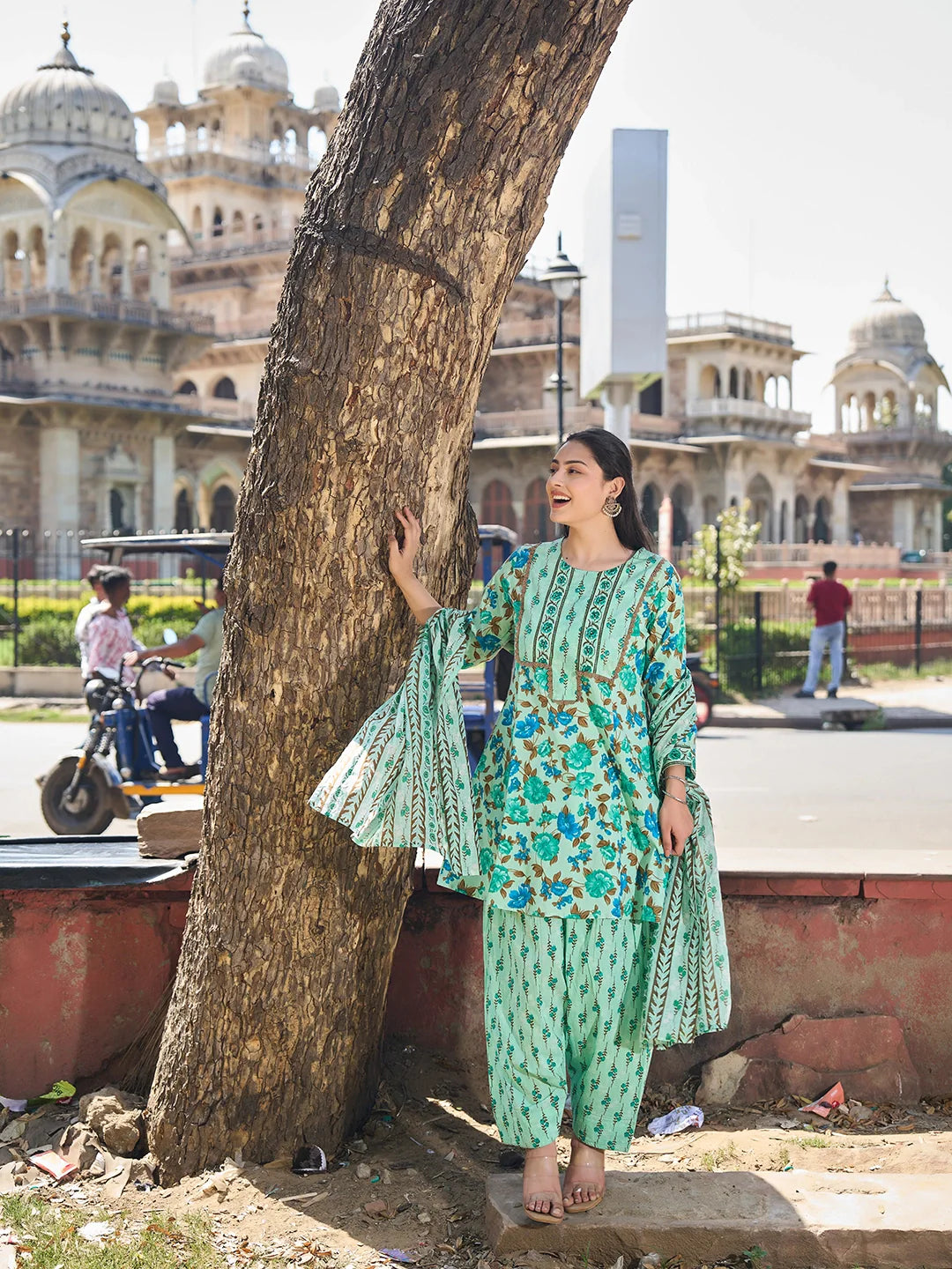 Floral Sequins Work A-Line Kurta Salwar Dupatta Set