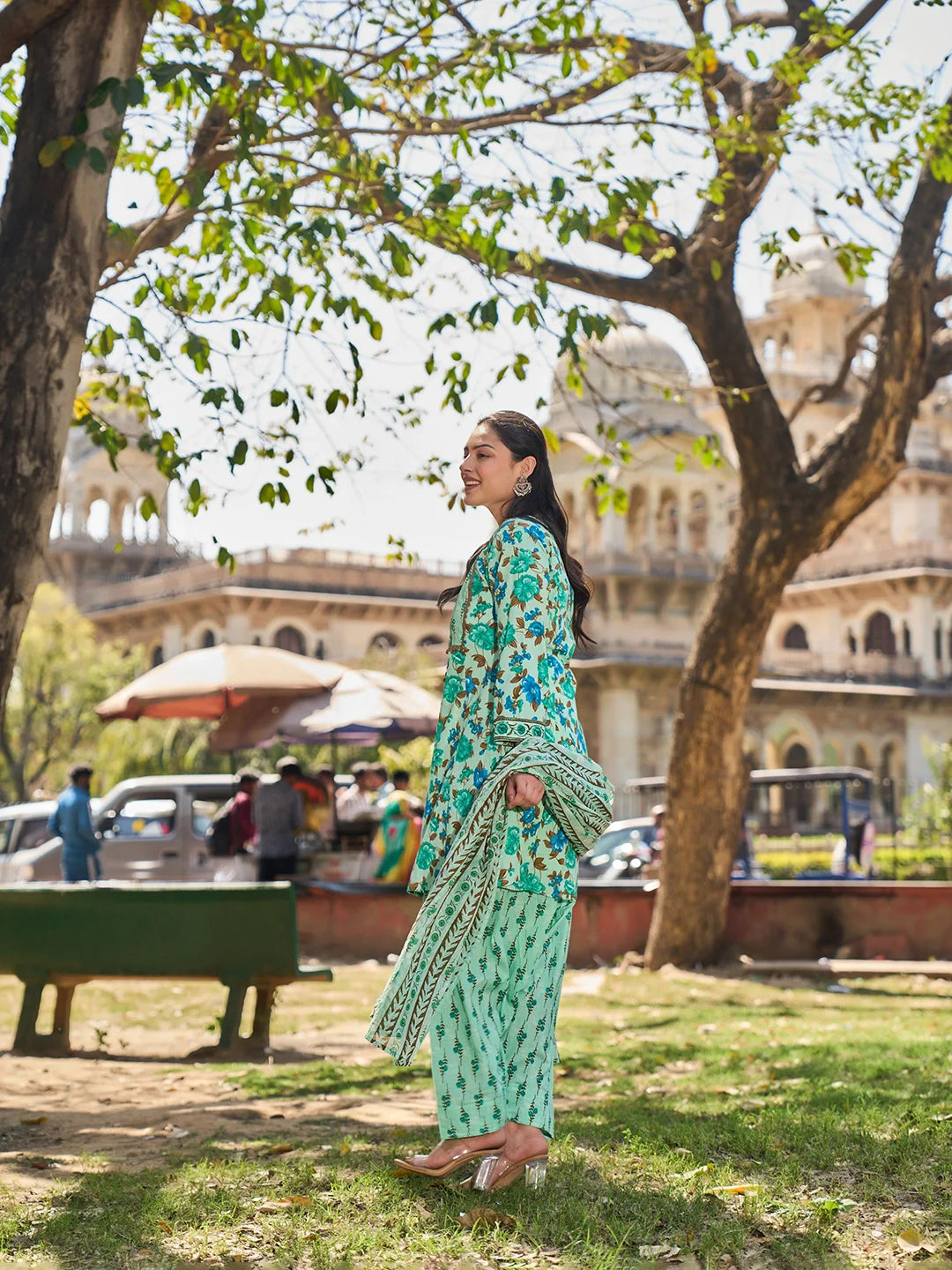 Floral Sequins Work A-Line Kurta Salwar Dupatta Set