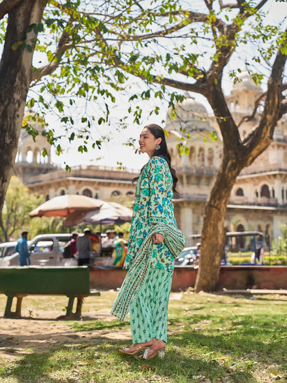 Floral Sequins Work A-Line Kurta Salwar Dupatta Set