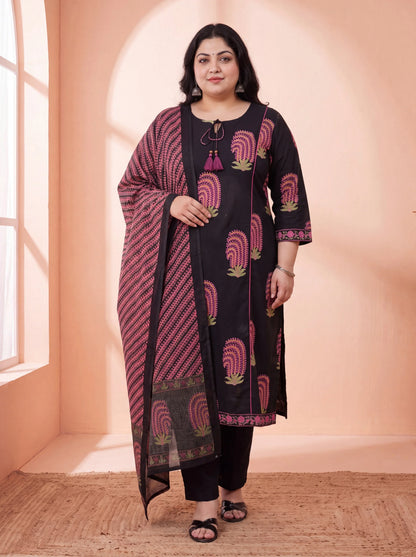 Pure Cotton Aline Plus Size Kurta Trouser Dupatta Set