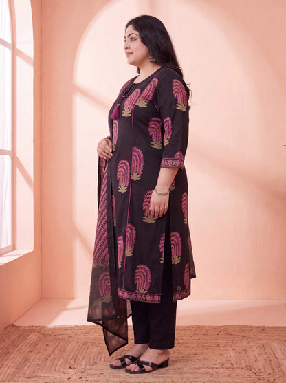 Pure Cotton Aline Plus Size Kurta Trouser Dupatta Set
