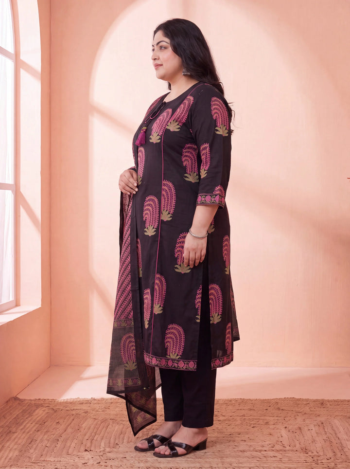 Pure Cotton Aline Plus Size Kurta Trouser Dupatta Set