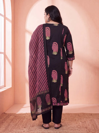 Pure Cotton Aline Plus Size Kurta Trouser Dupatta Set