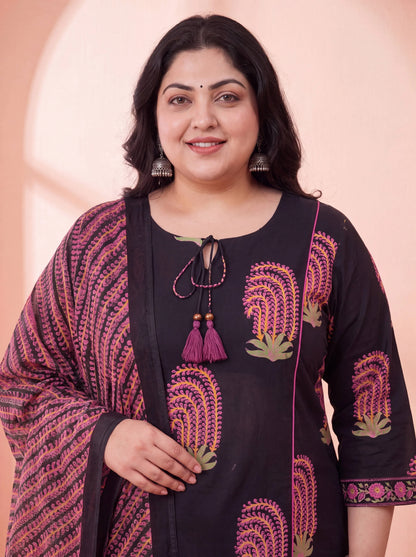 Pure Cotton Aline Plus Size Kurta Trouser Dupatta Set