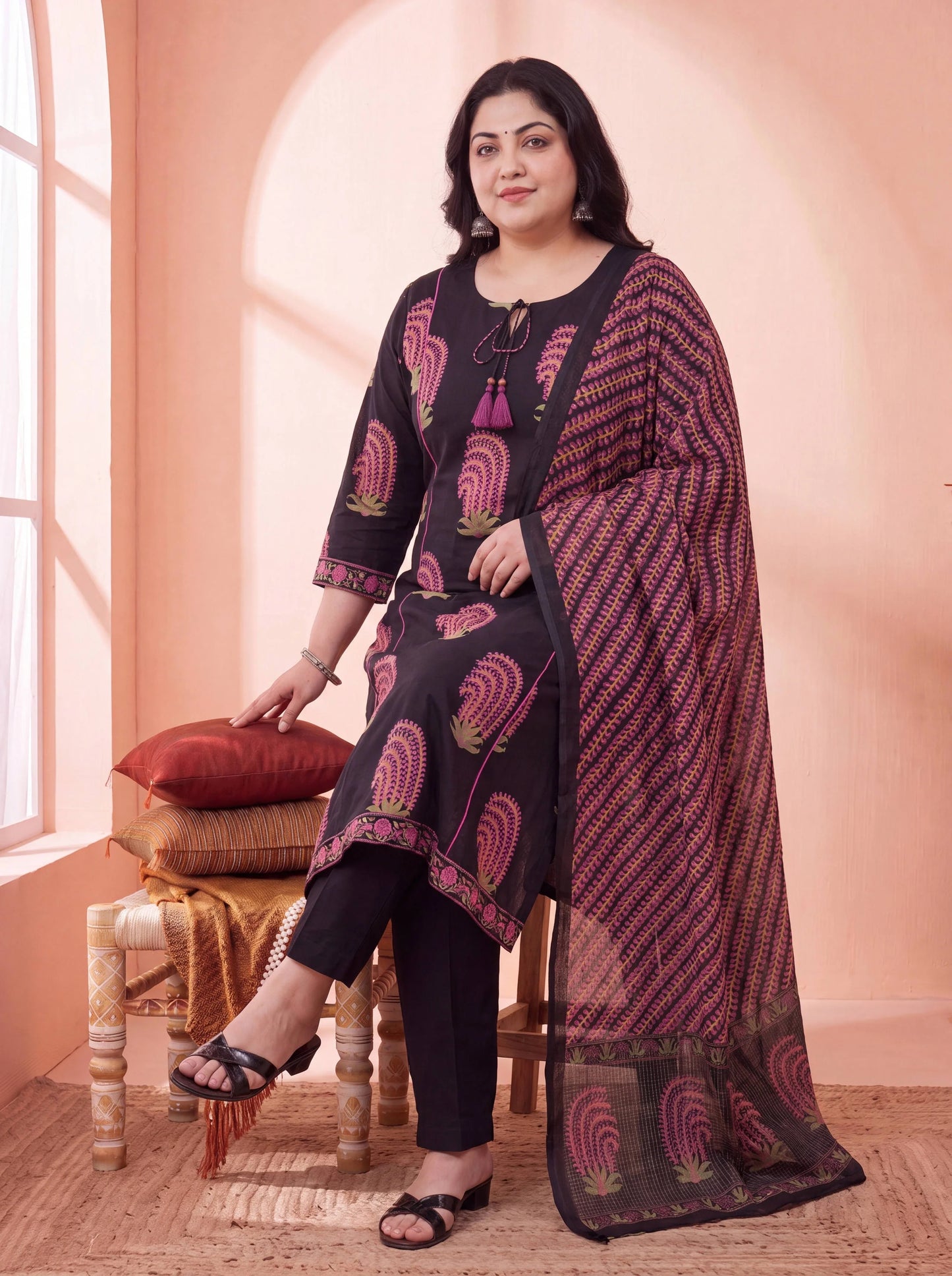 Pure Cotton Aline Plus Size Kurta Trouser Dupatta Set