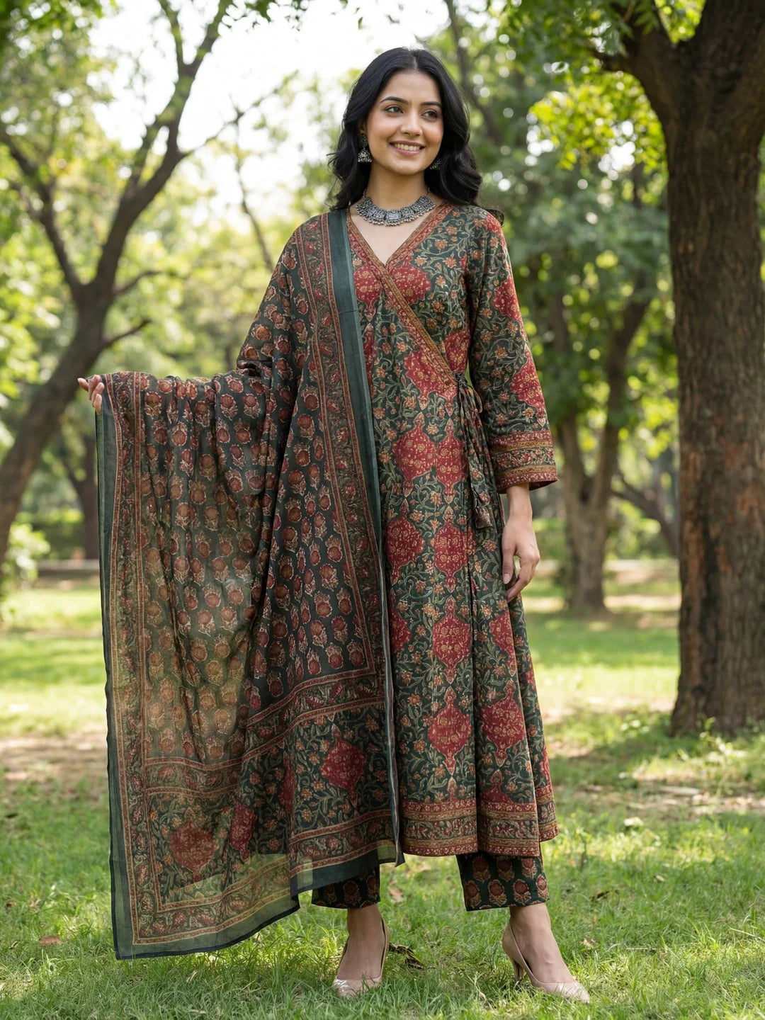 Floral Print A-Line Angrakha Kurta Trouser Dupatta Set