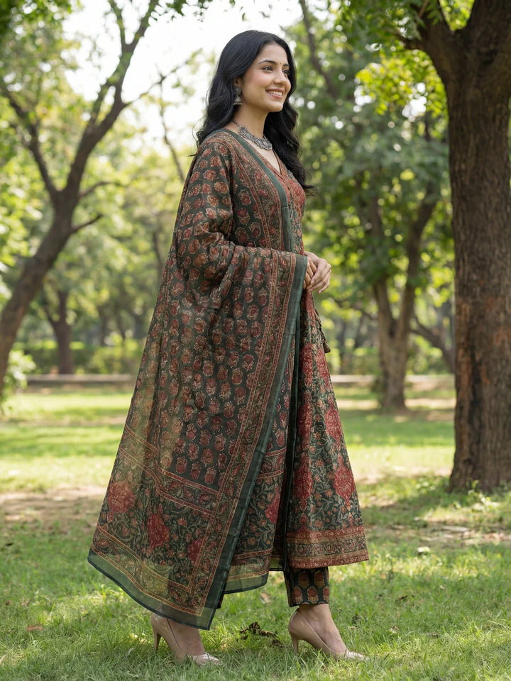 Floral Print A-Line Angrakha Kurta Trouser Dupatta Set