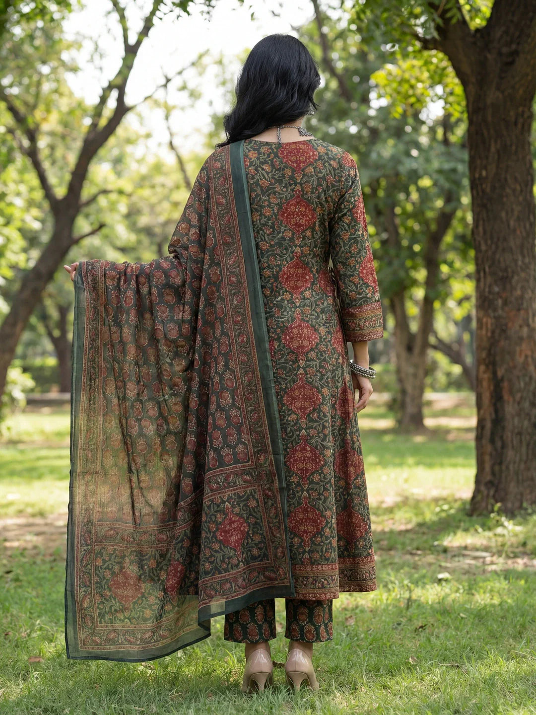 Floral Print A-Line Angrakha Kurta Trouser Dupatta Set