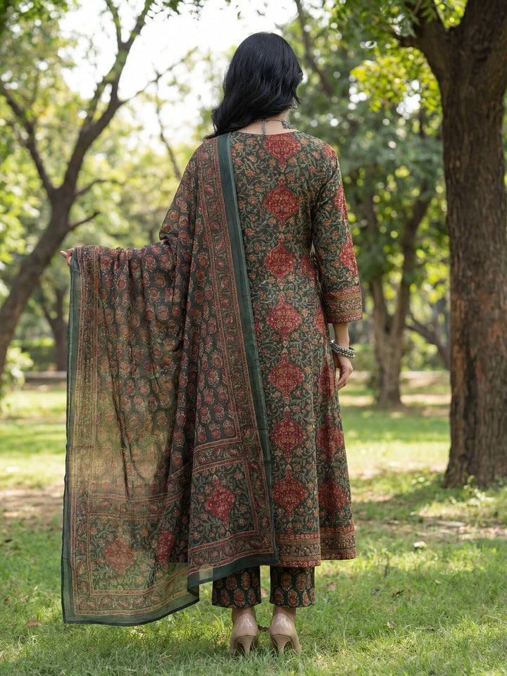 Floral Print A-Line Angrakha Kurta Trouser Dupatta Set