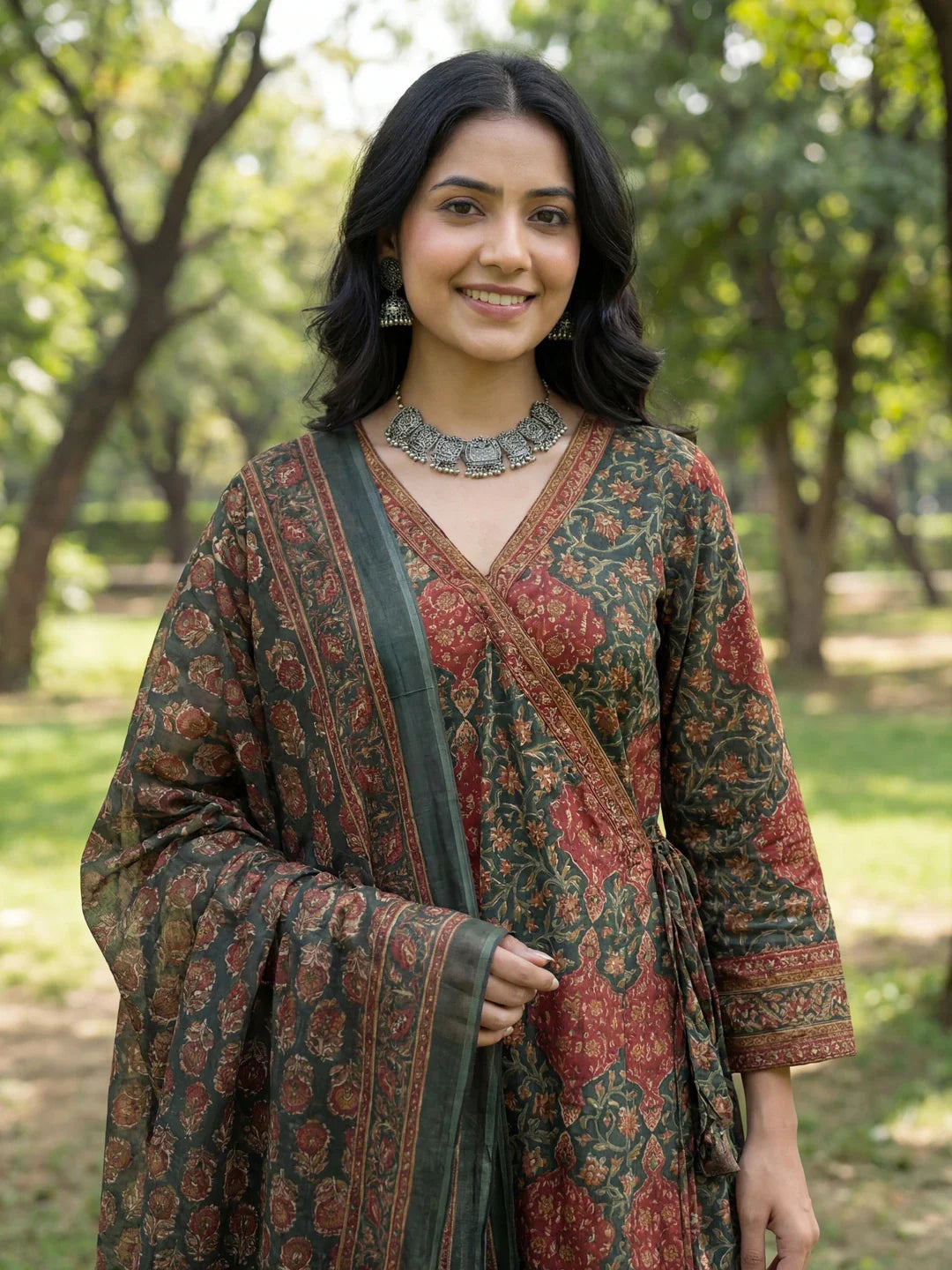 Floral Print A-Line Angrakha Kurta Trouser Dupatta Set
