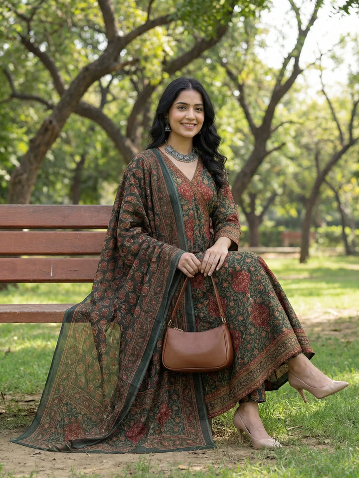 Floral Print A-Line Angrakha Kurta Trouser Dupatta Set