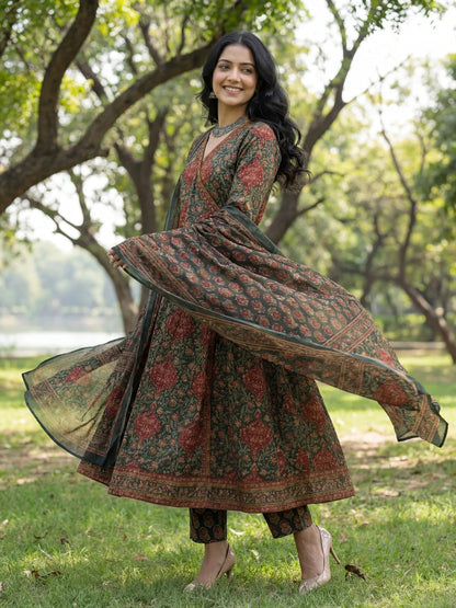 Floral Print A-Line Angrakha Kurta Trouser Dupatta Set