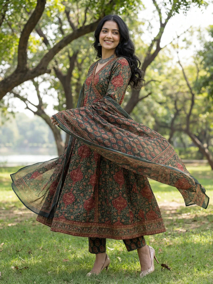 Floral Print A-Line Angrakha Kurta Trouser Dupatta Set