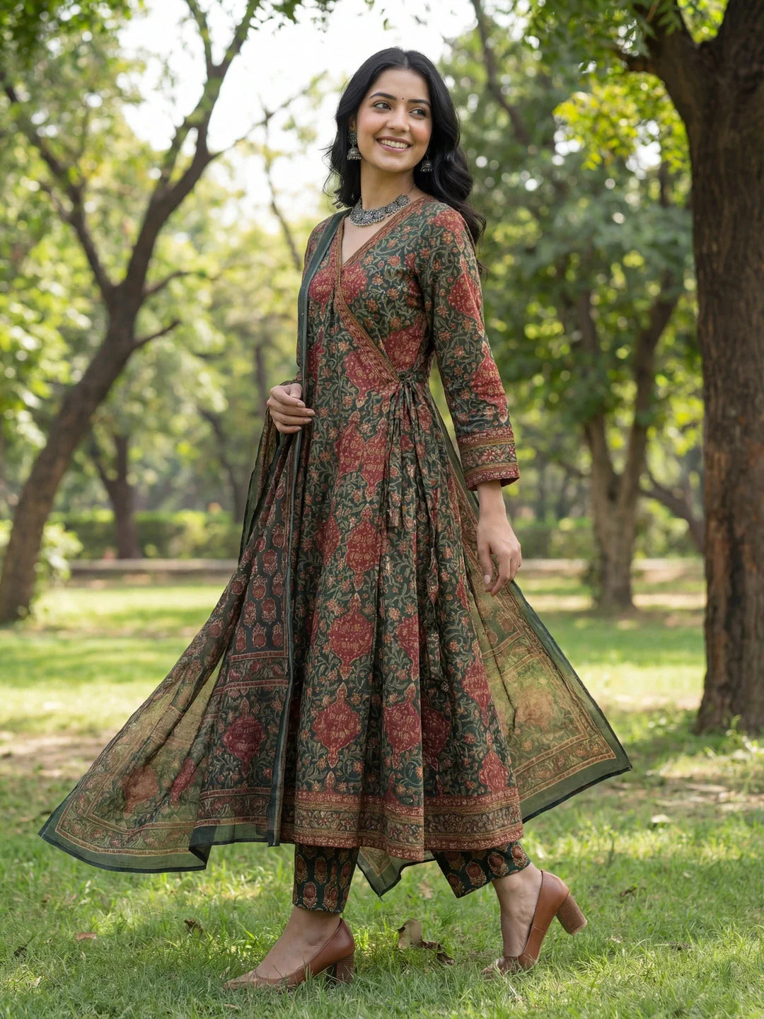 Floral Print A-Line Angrakha Kurta Trouser Dupatta Set